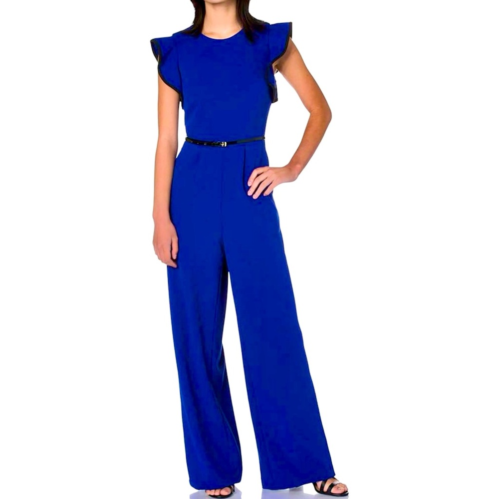 Calvin Klein Royal Blue Ruffled Flutter Sleeve Crewneck Belted Wide-Leg Jumpsuit